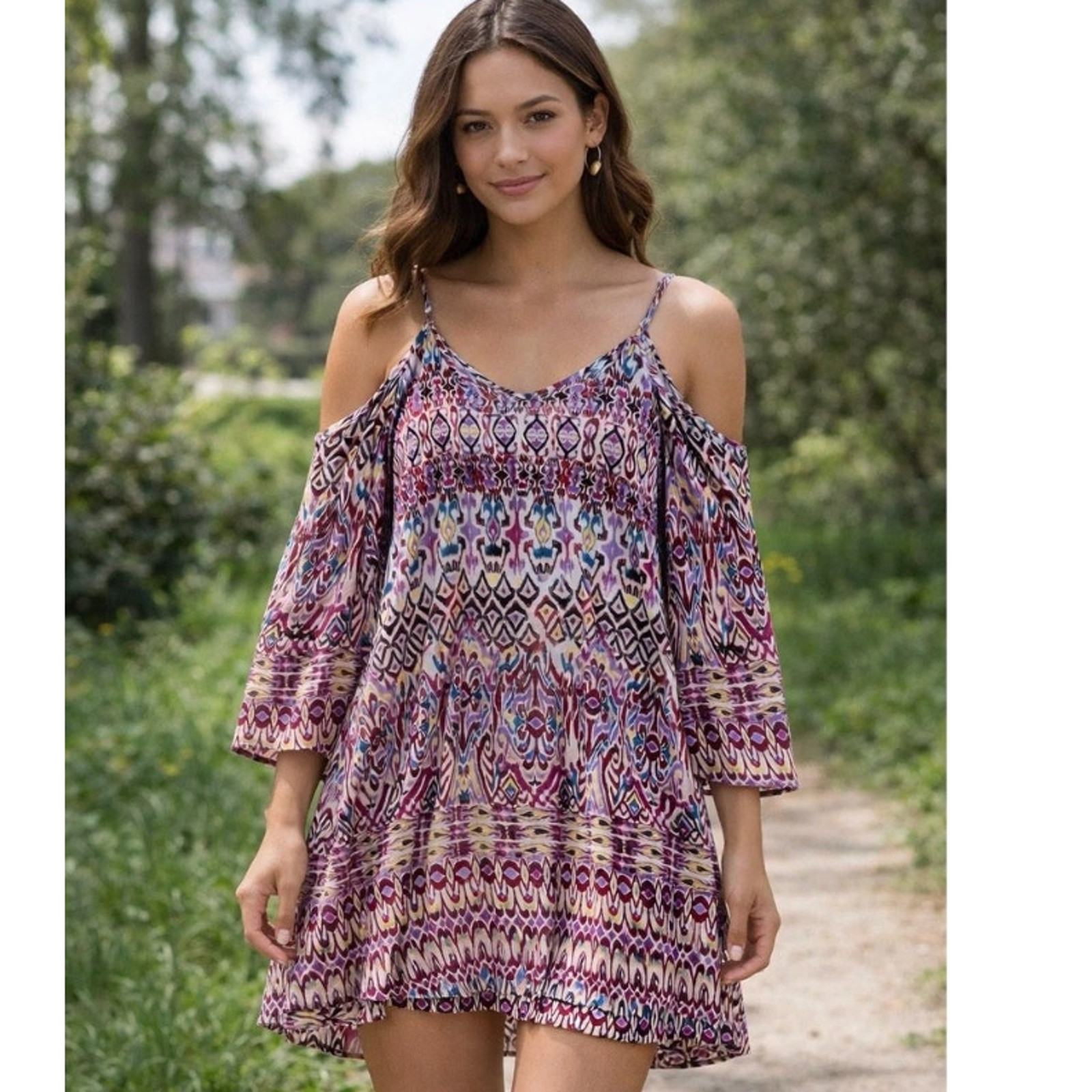 Colorful Xhilaration Boho Tunic/Mini Dress Ikat Print Cold-Shoulder Sz Large