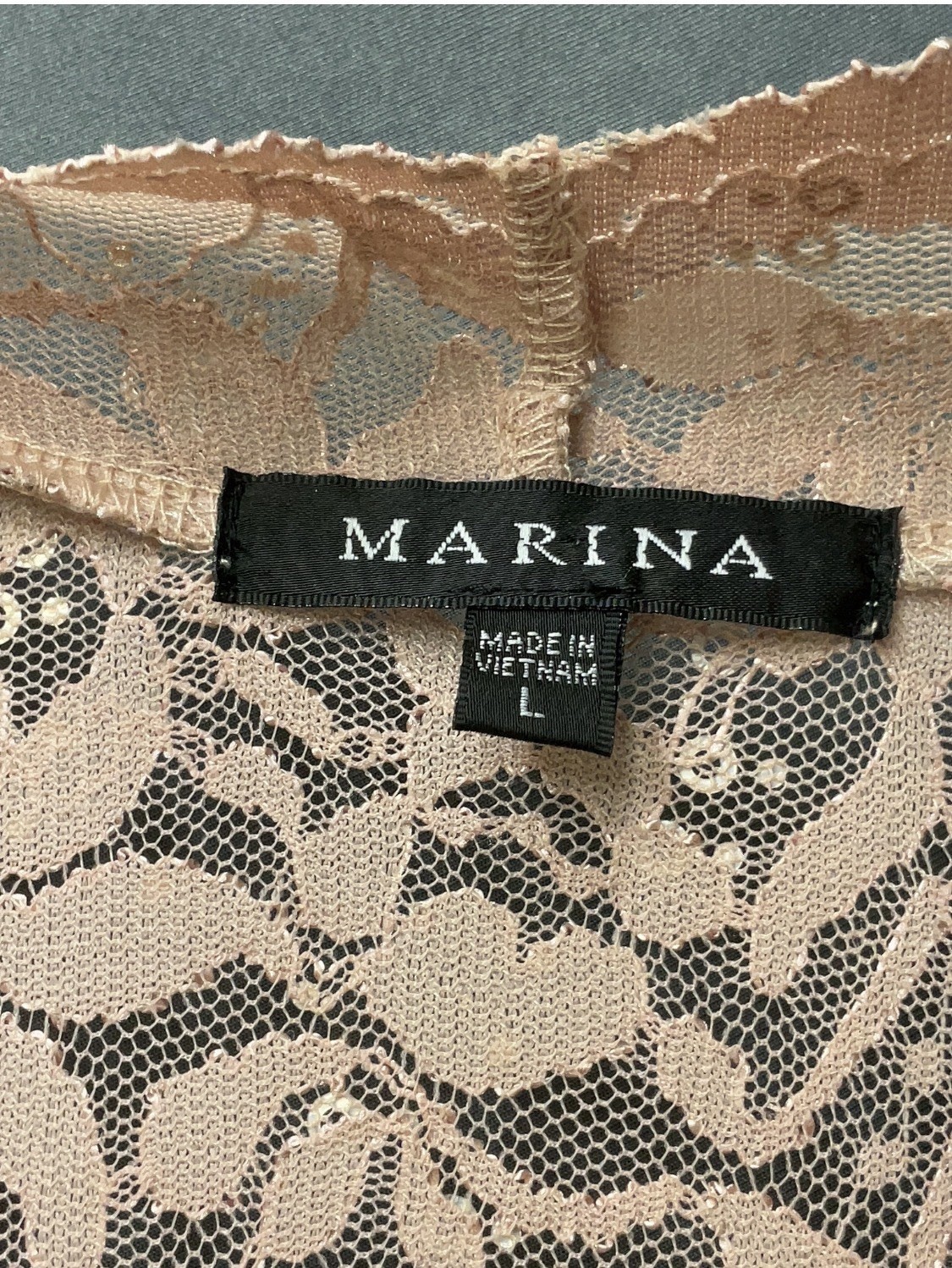 Marina L Pink/Tan Floral Lace Sequin Sheath Dress Mock Neck Long Sleeve Knee
