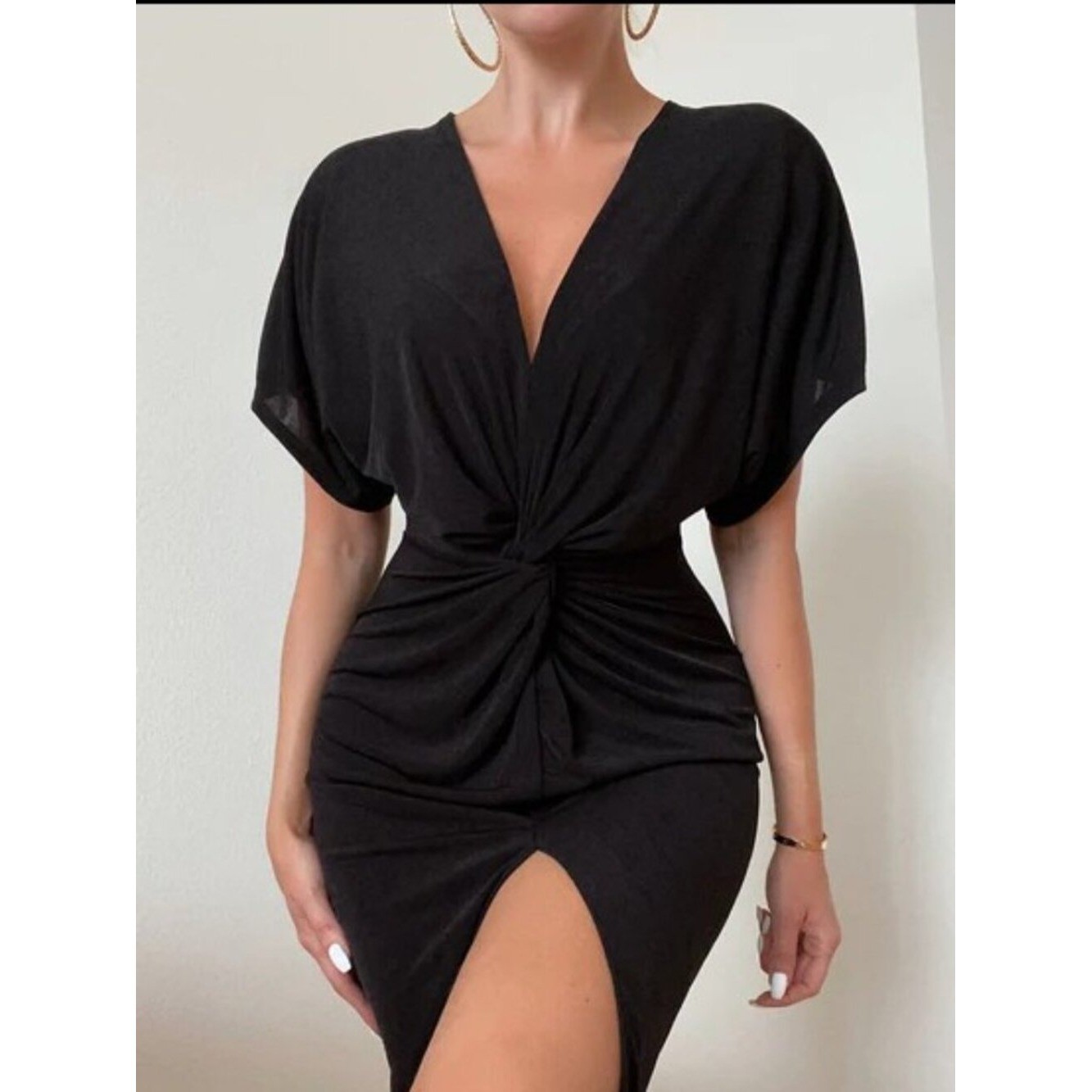 NWT Black Plunge Neck Front Slit Midi Dress 2X Curve