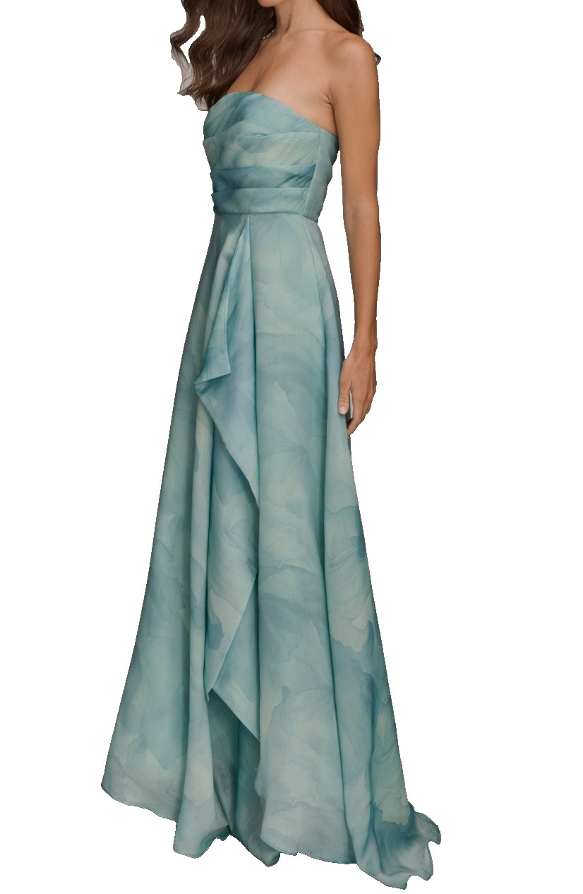 Donna Karan New York Strapless Ball Gown 16 Sea Mist Blue Floral Print NWT $399