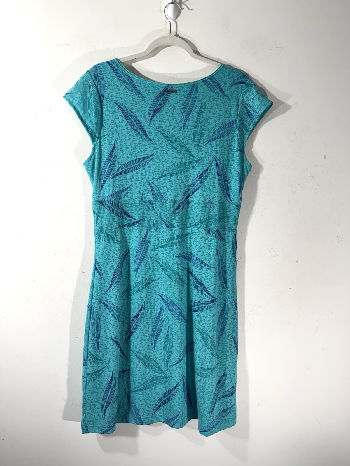 Merrell Teal Blue Leaf Print Opti-Wick Cap Sleeve V-Neck Dress Sz Large Hiking
