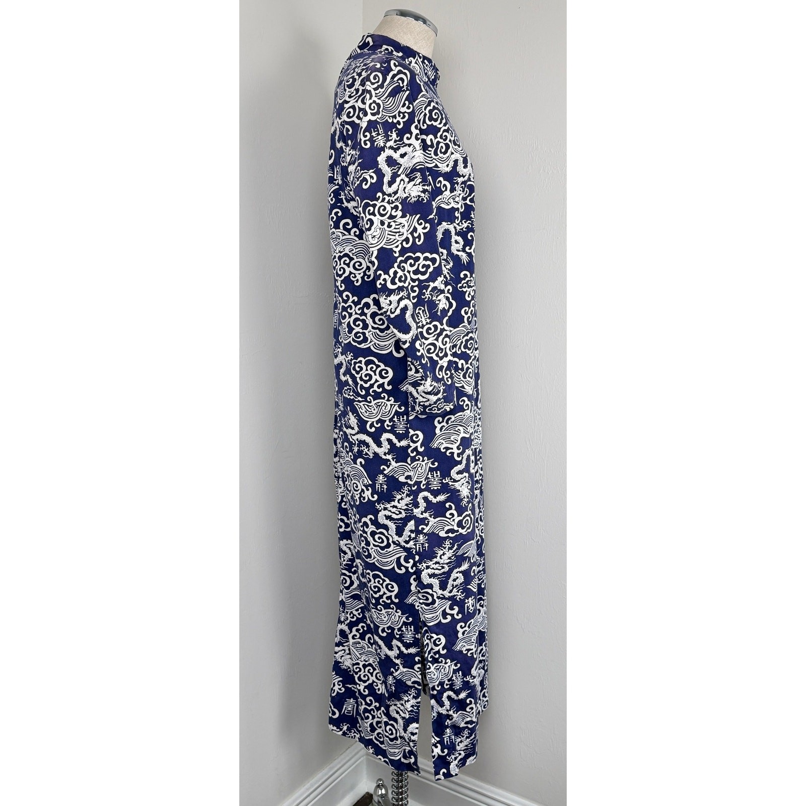 Vintage Chinese Style Maxi Dress Blue Dragon Print High Neck Asian Handmade