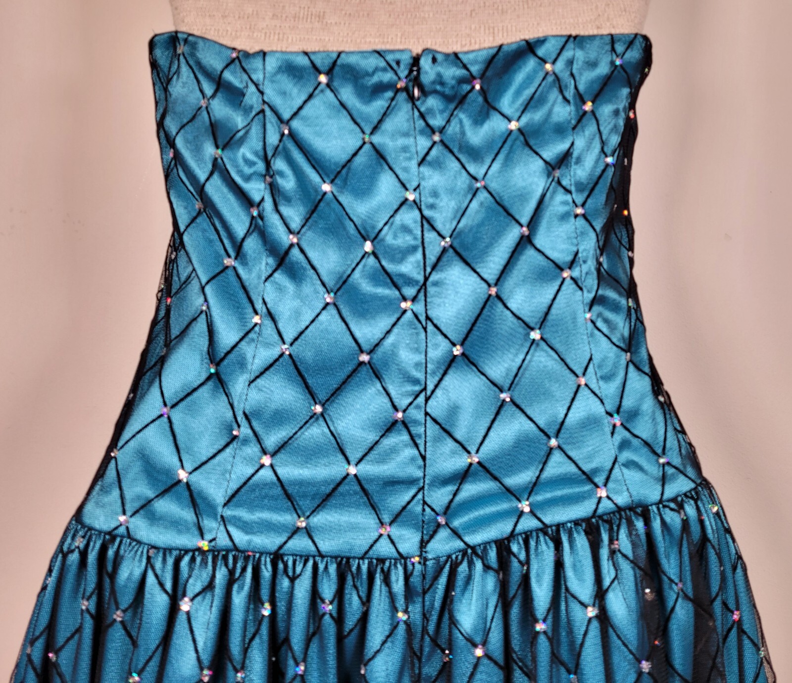 Strapless Dress Teal with Black Overlay and Rhinestones Waist Measures 38 Inches