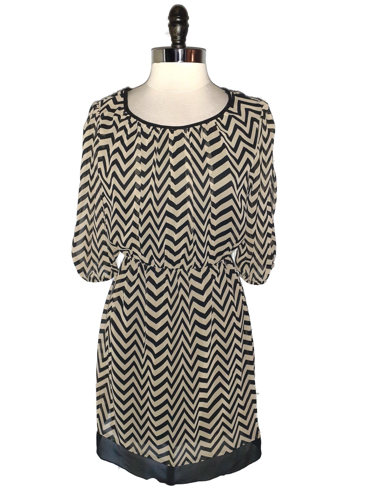 EN FOCUS Studio Size 14 Dress Black Beige Zig Zag 3/4 Sleeve