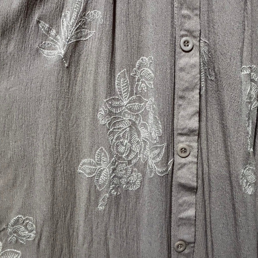 Mod Ref Taupe Embroidered Floral Dress Size S Button Front Boho Wedding Guest