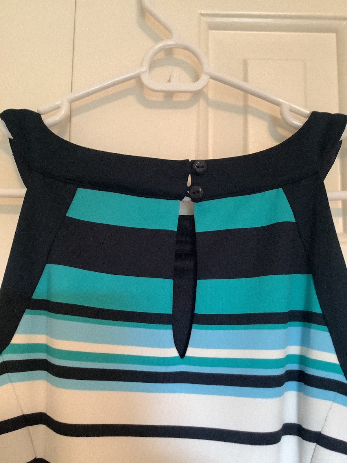Enfocus Studio Ladies Navy, White, Teal Stripe Sleeveless Dress, Sz 10