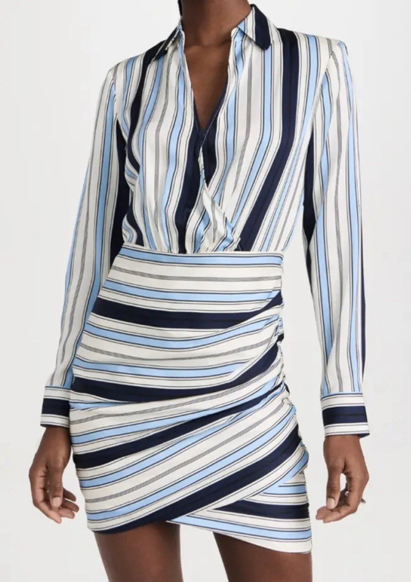 VERONICA BEARD Blouson Mini Dress Ruched Wrap Silk Blend Striped Blue sz 2