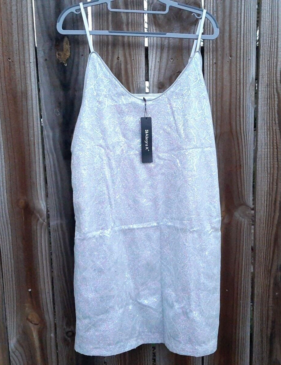 Allegra K Glitter Sequin Mini Dress Spaghetti Strap V Neck Party Cocktail XL Nwt