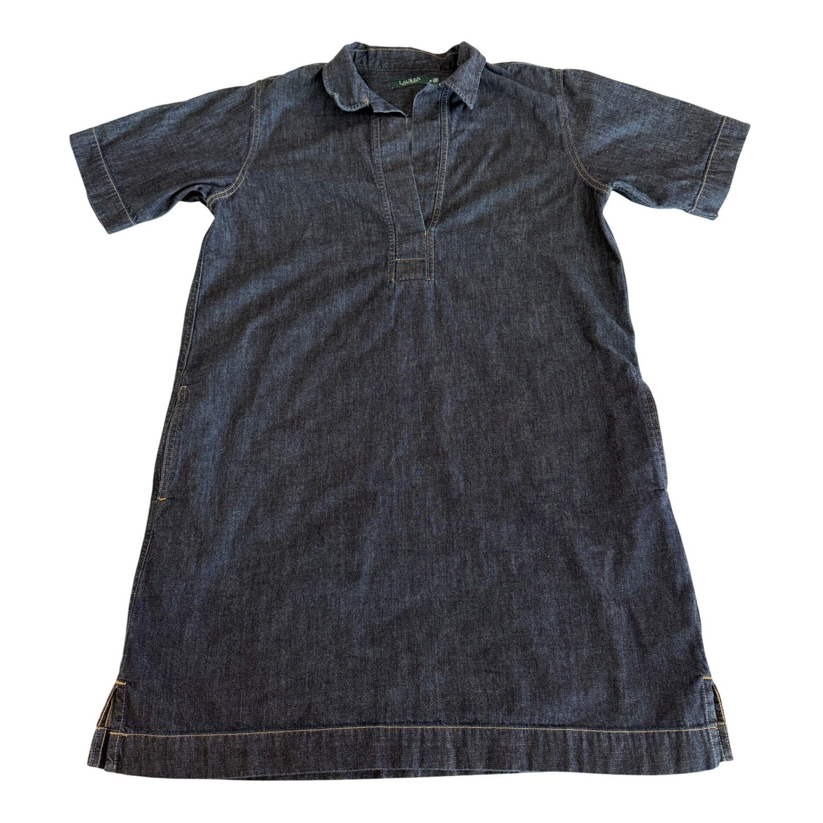 Lauren Ralph Lauren Denim T-Shirt Dress Dark Wash Split Neck Indigo Short Sleeve