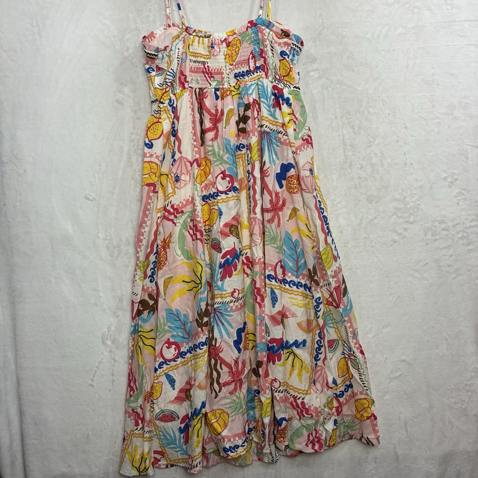 Blu Pepper Tropical Fruit Print Midi Dress M Smock Beach Coastal Vacation NWT