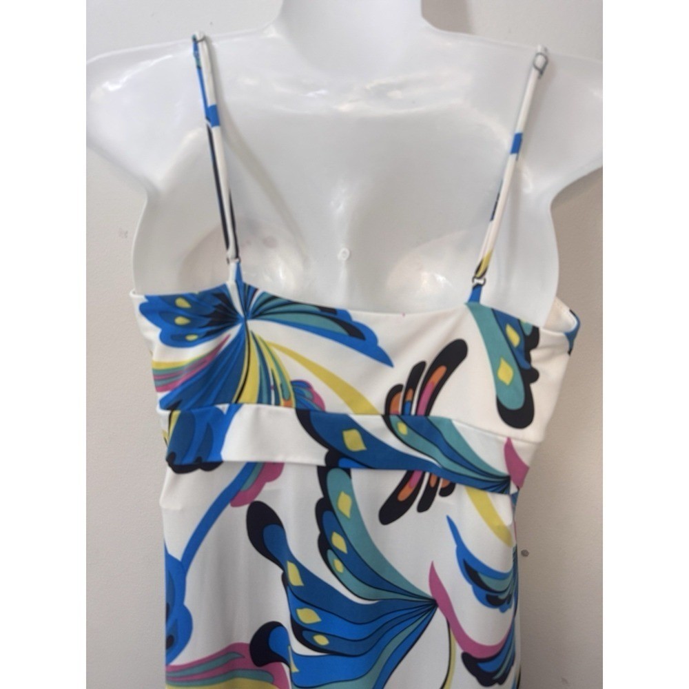 BCBGMAXAZRIA White Blue Peacock Abstract Print Size Small Strappy Mini Dress