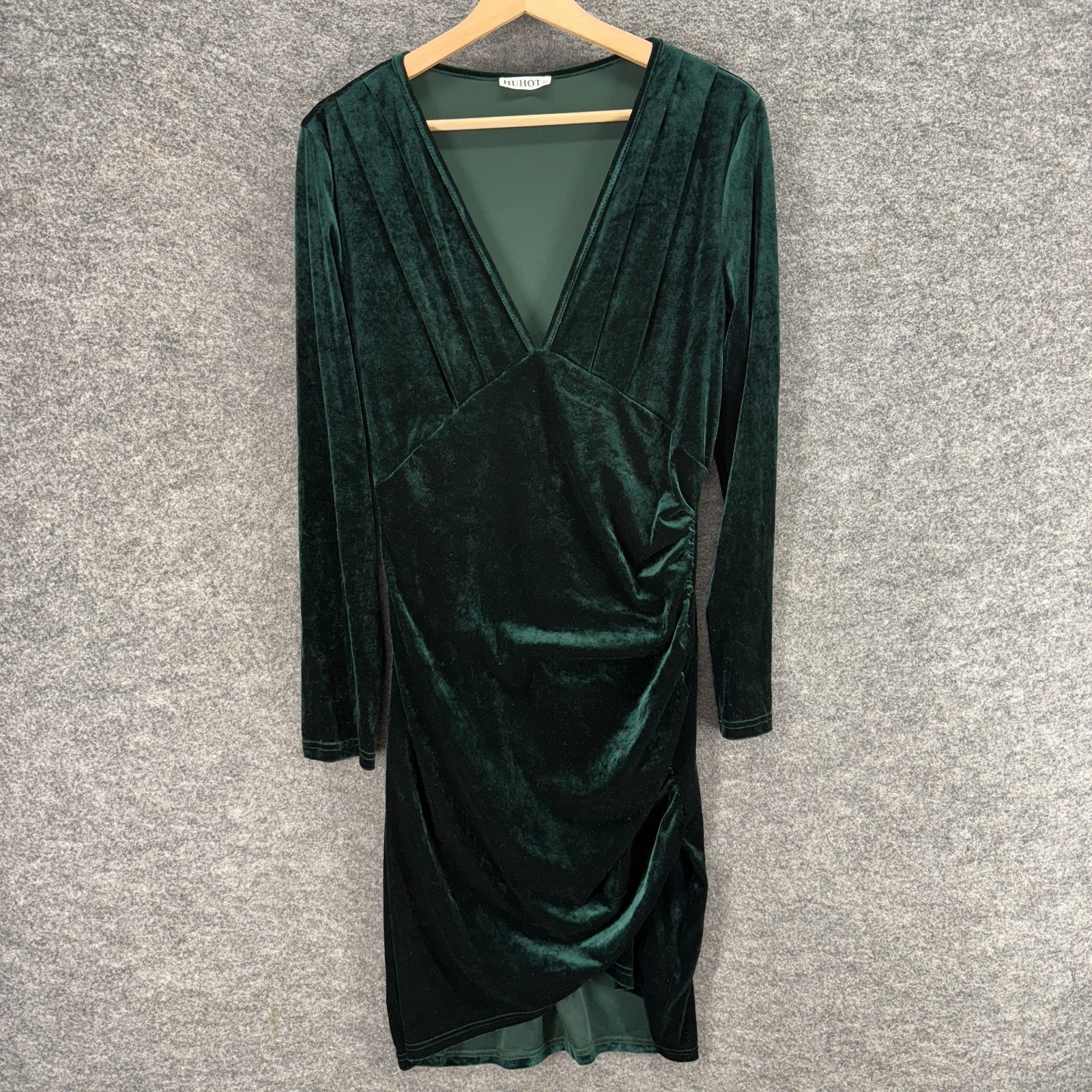 Huhot Dress Women XL Green Velvet Mini Shift V-Neck Long Sleeve Casual Solid