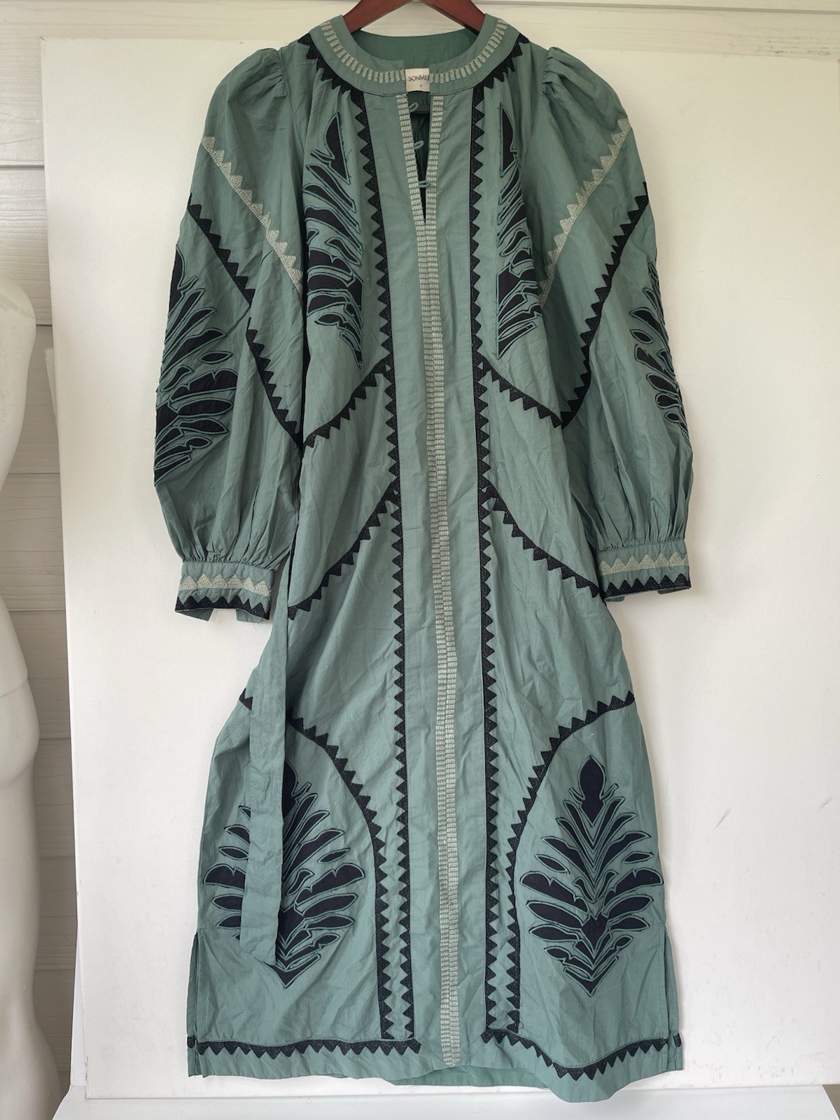 Sonmer Susan Dress Size S Boho Embroidered Long Sleeve Midi Green Black Spain