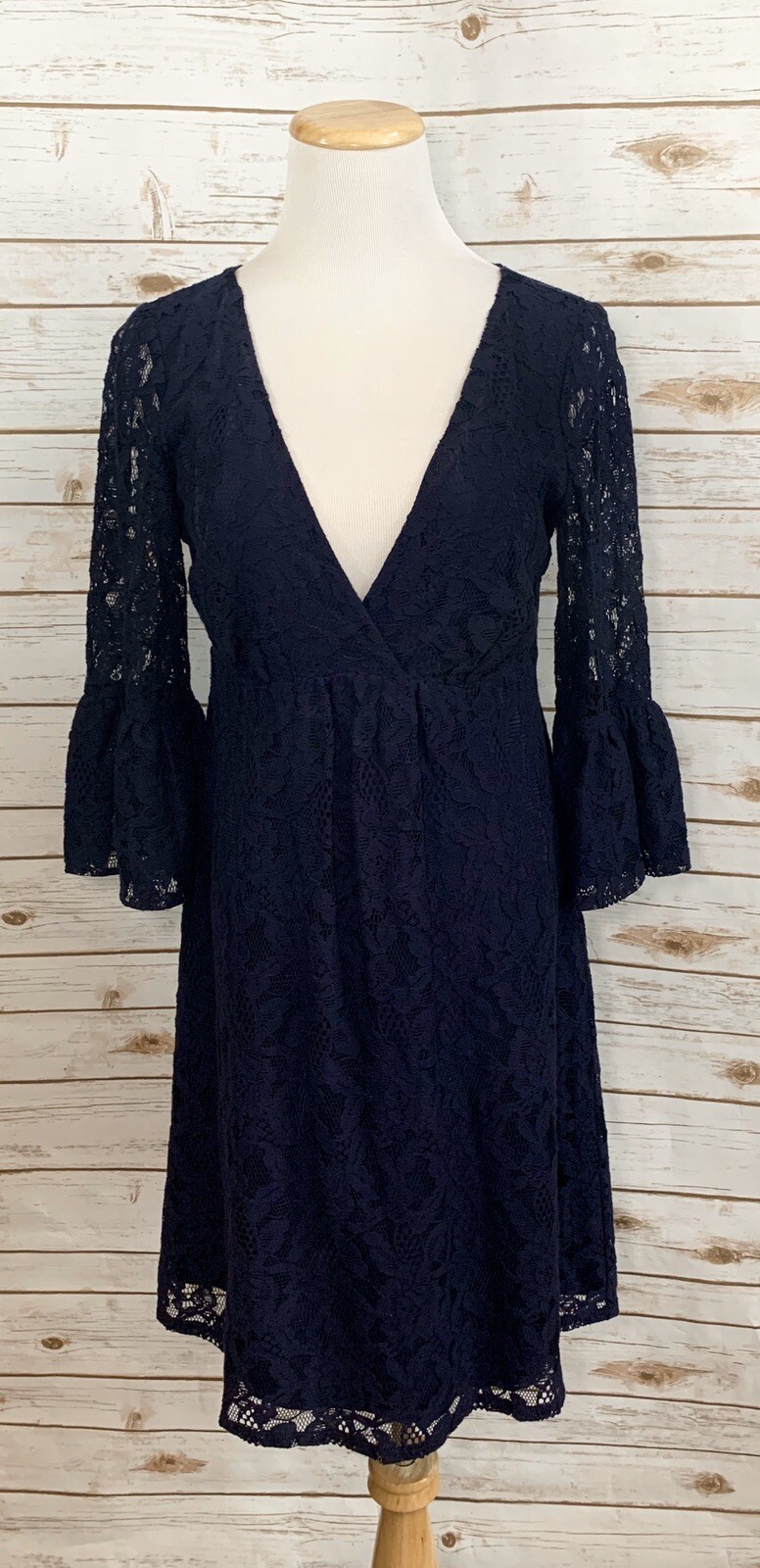 Michael Stars Navy Lace Sheath Deep V 3/4 Sleeve Dress ONE SIZE