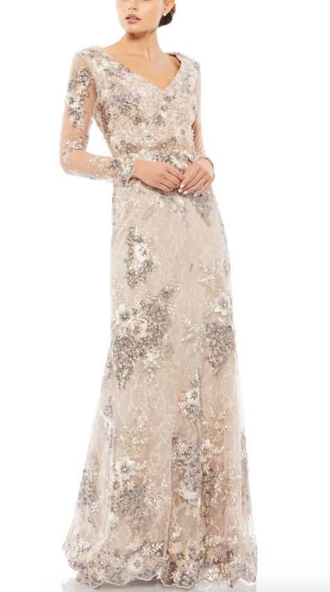 MAC DUGGAL 67539 EMBELLISHED V-NECK ILLUSIONS TAUPE GOWN sz 10