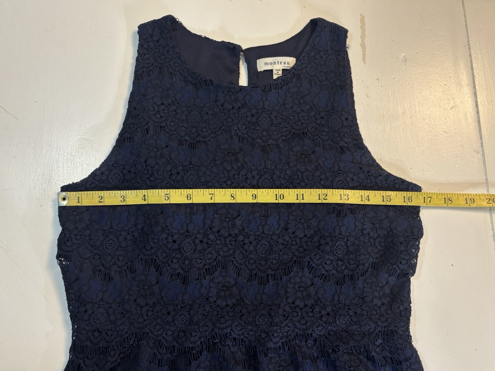 NWOT Large Monteau Navy Blue Lace Shift Overlay Dress Scalloped Floral