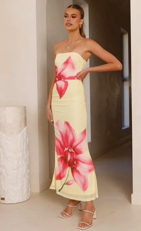 NEW Small Elegant Sleveless Ruched Soft YELLOW Maxi Dress w Pink & White Flowers