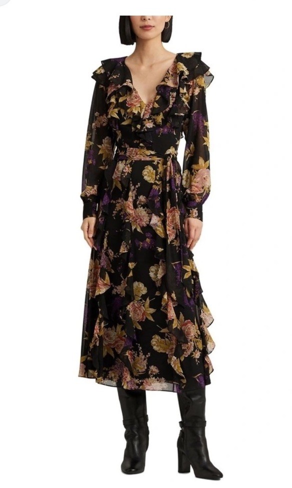 Polo Ralph Lauren Floral Ruffle-Trim Georgette Dress in Black $479.00 US 4 US 8