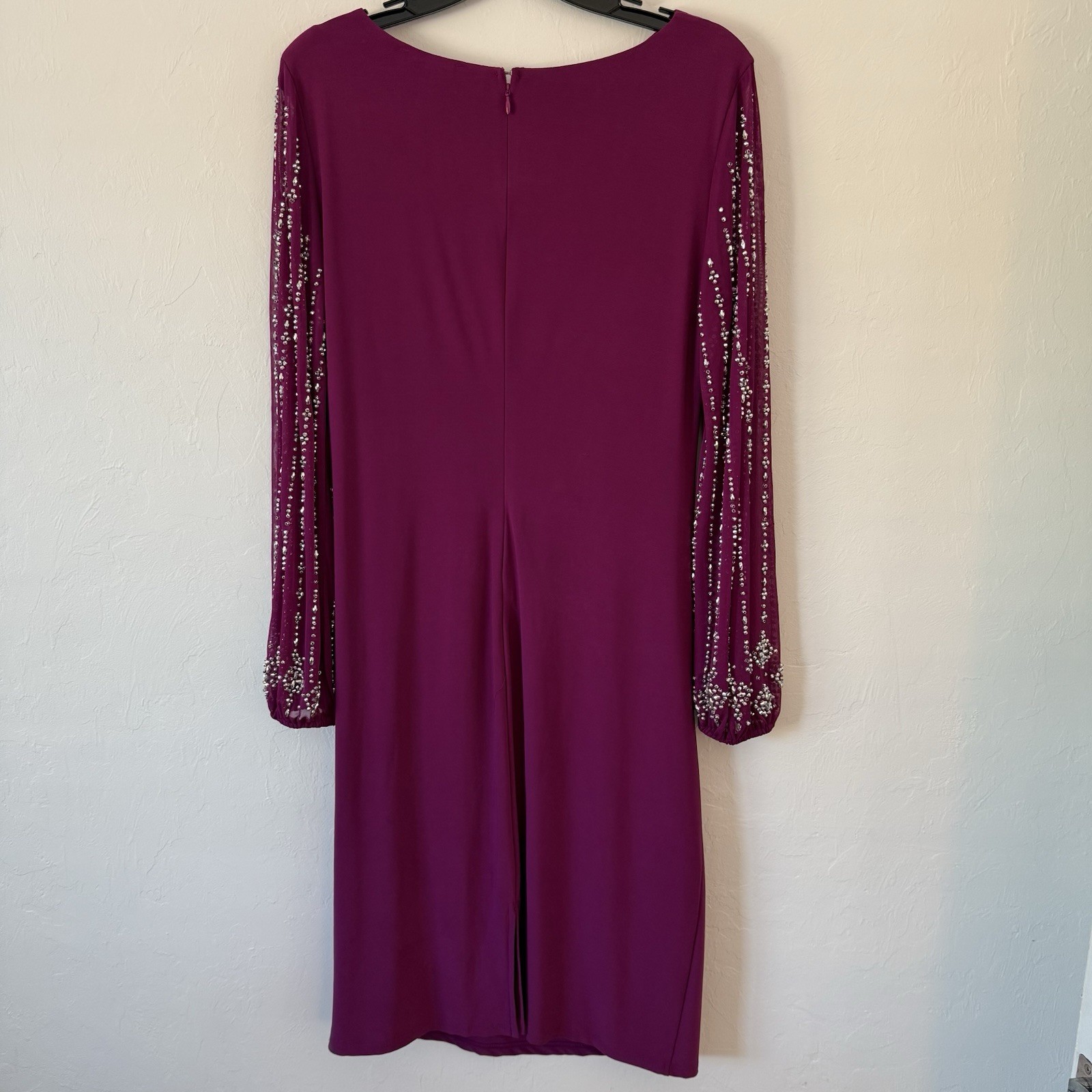 VTG Marina Rouched Knee Length Beaded Trim Dress Women’s 10 Sheer Sleeves READ