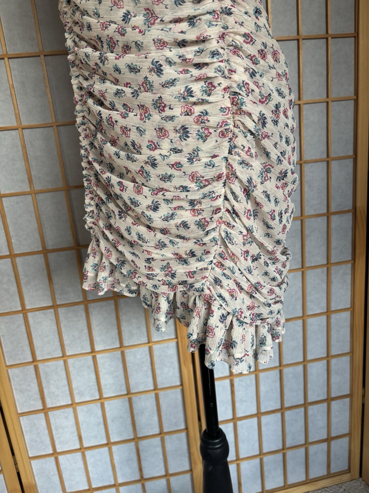 Ivory Pink Blue Floral Ruched Ruffle Mini Dress Halter Tie Strappy Sleeveless