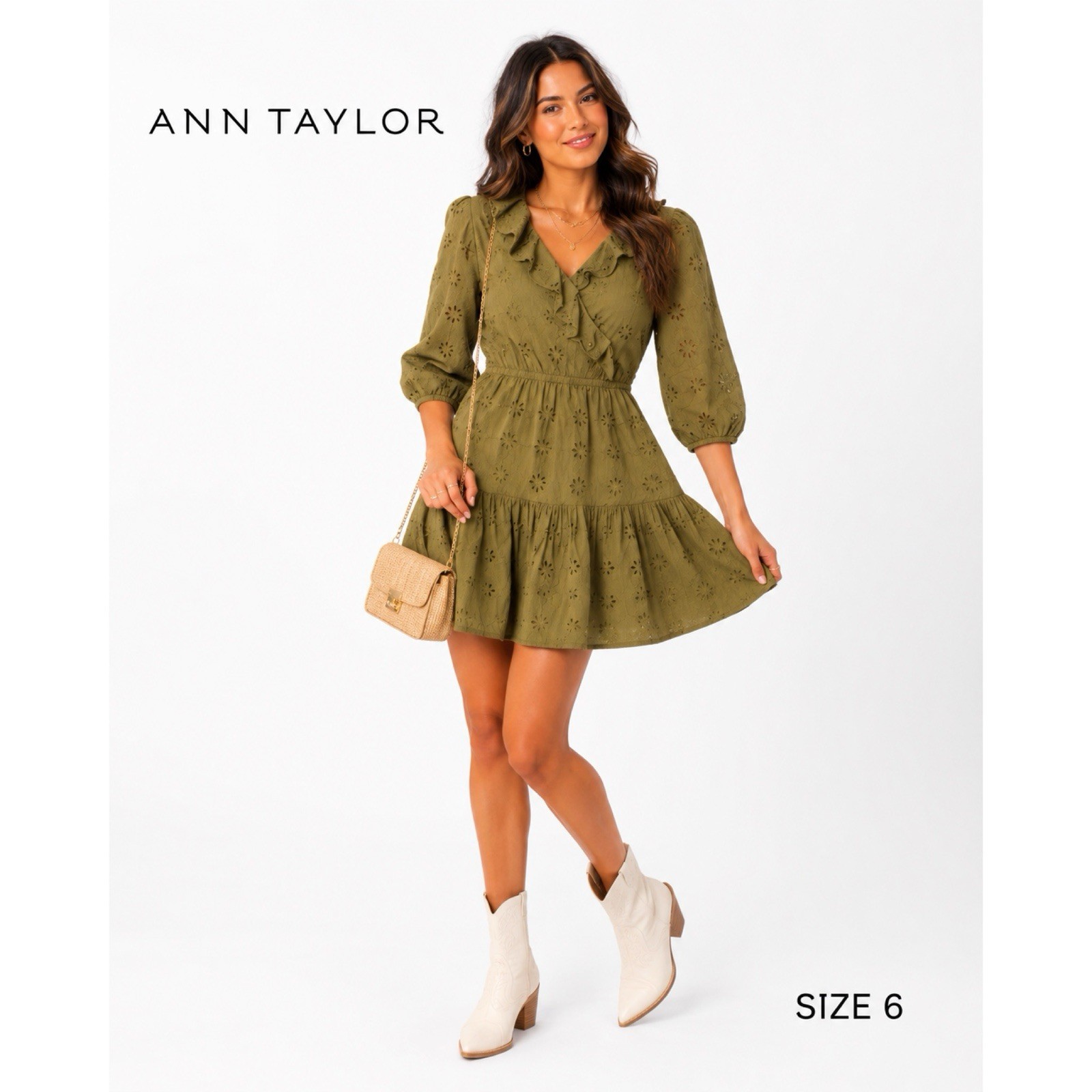 Ann Taylor Olive Eyelet Tiered Mini Babydoll Dress Size 6