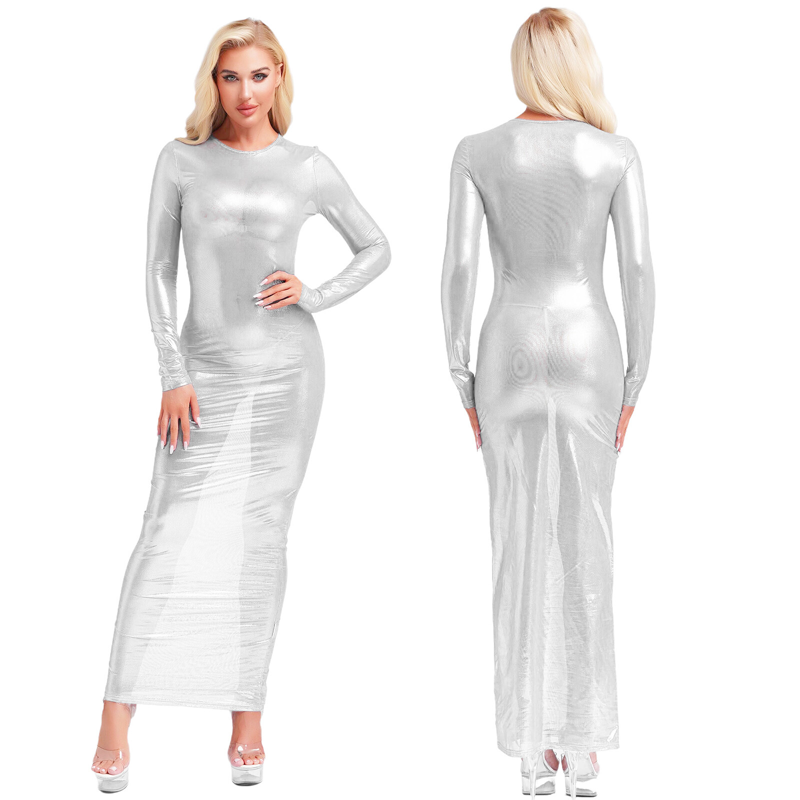 US YiZYiF Women Shiny See Through Long Sleeve Tights Maxi Dress Party Nightclub
