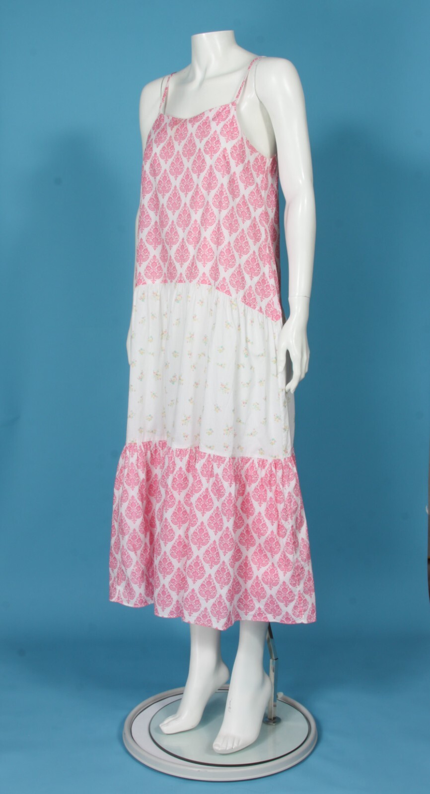CELINA MOON Pink White Mixed Print Floral Strappy Tiered Maxi Dress sz S /358
