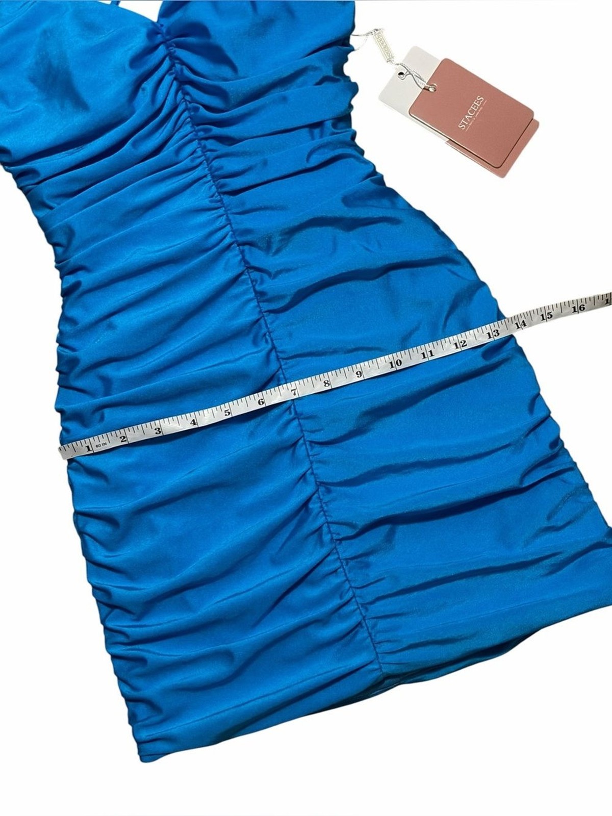 STACEES NWT Blue Ruched Sleeveless Strappy Open Back Formal Mini Dress 0
