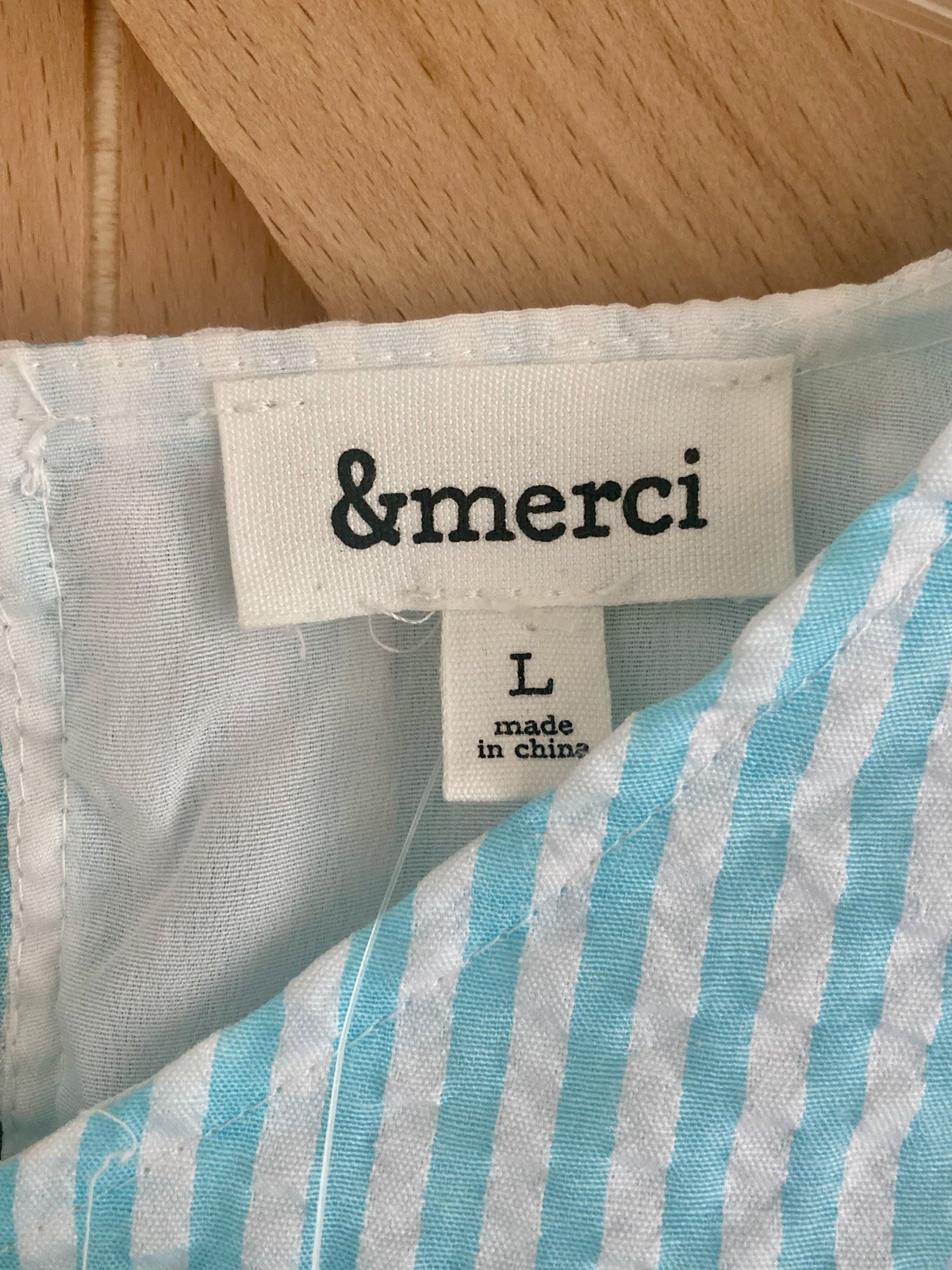 NWT Merci Aqua White Large Smock Ruffle Puff Sleeve Seersucker Dress Coastal