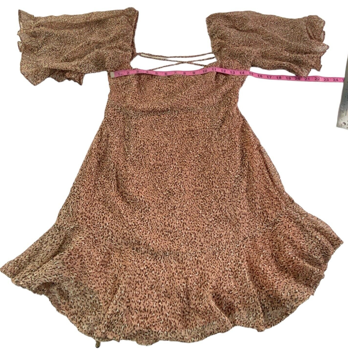 SAINTS SECRETS Women Crisscross Ruffle Open Back Mini Dress Sz L Brown hb-14