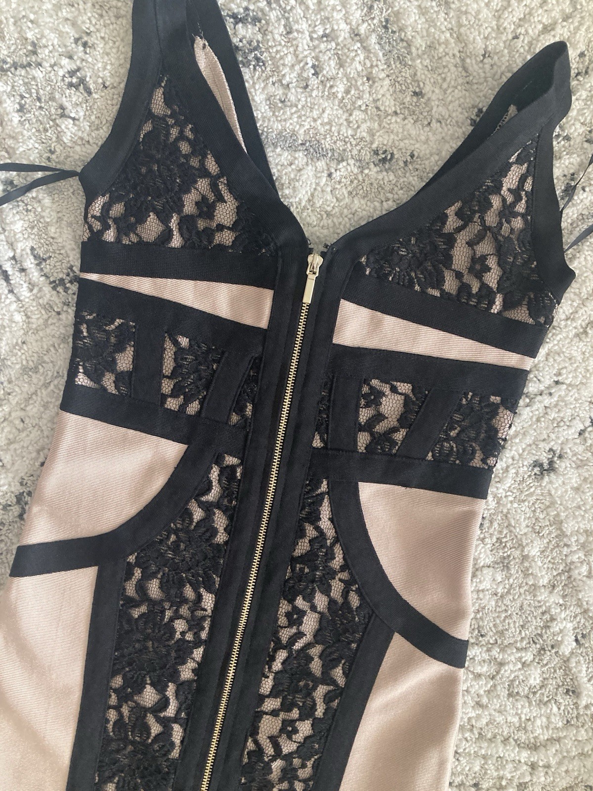 NEW bebe black beige Floral lace straps zipper bandage top dress S Small sexy