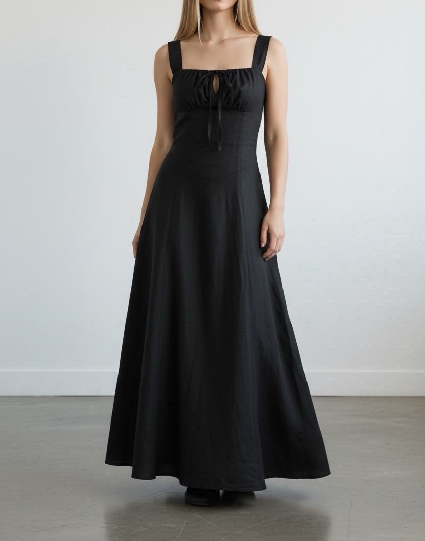 Women’s S Black Solid Maxi Dress Square Neck Sleeveless Backless Lace-Up Bow