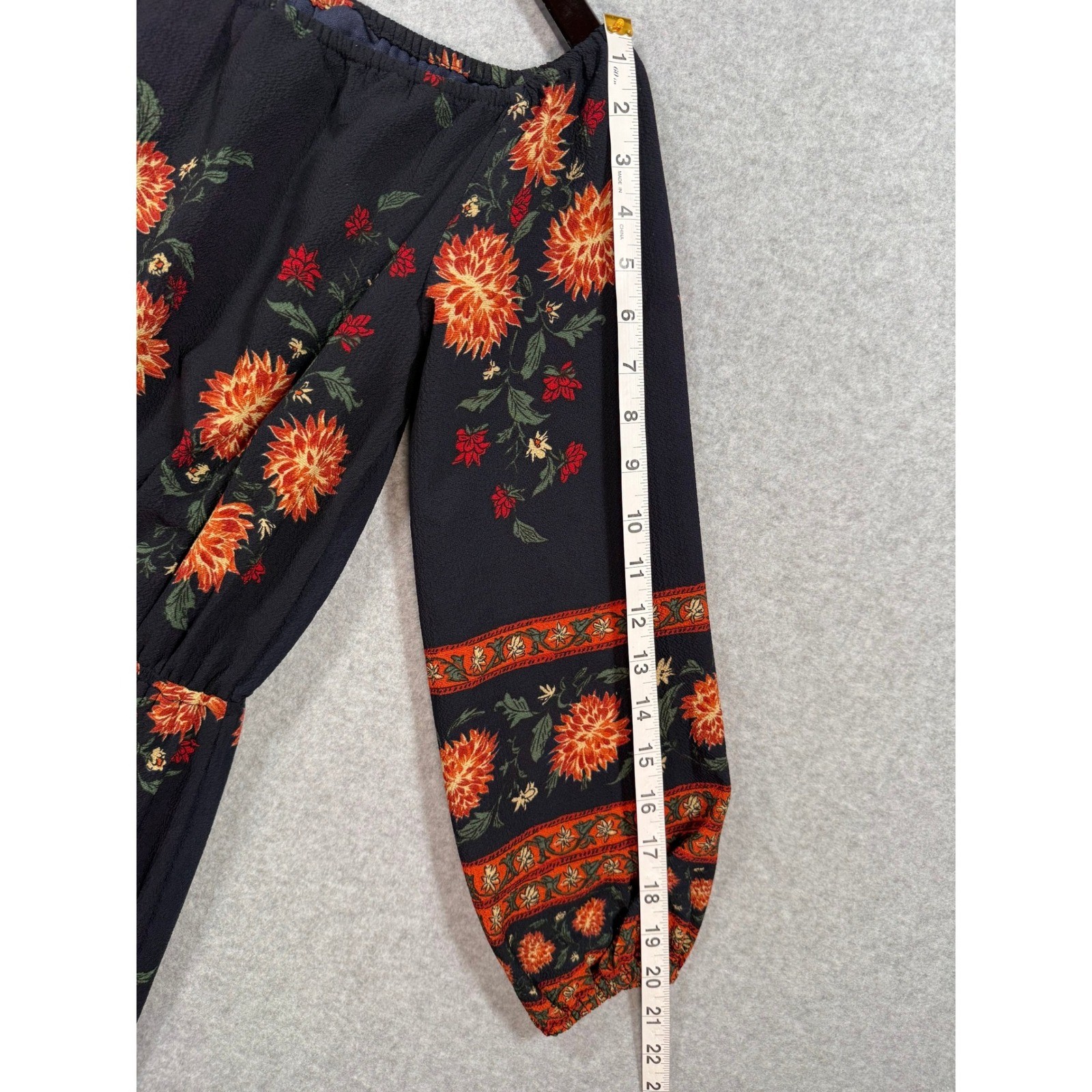 Boho Floral Midi Dress S Navy Orange Peasant Puff Bishop Sleeve Smocked Maxi
