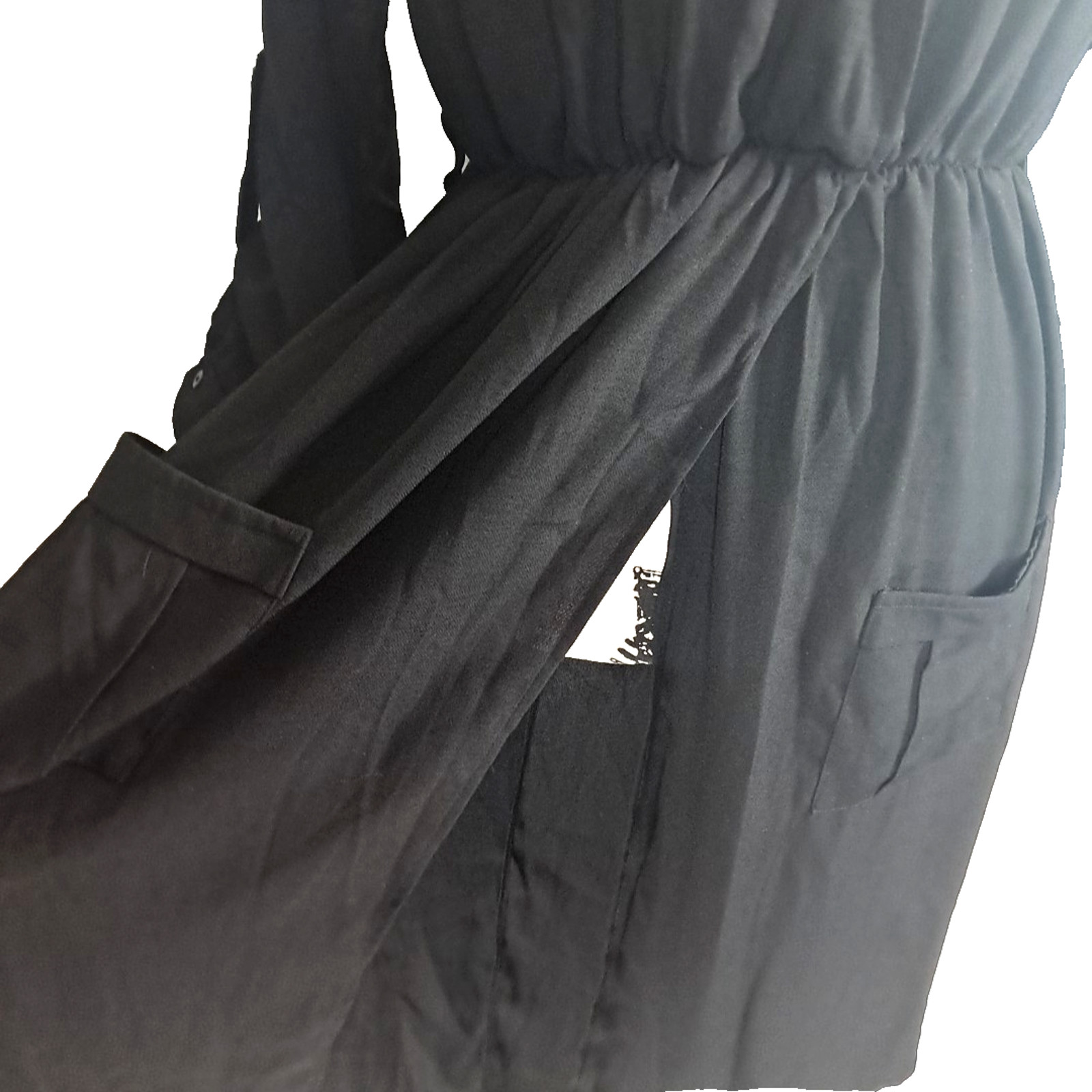 Faux Wrap Split Skirt Roll Tab Sleeve Maxi Dress Size L Black Goth Vamp Festival