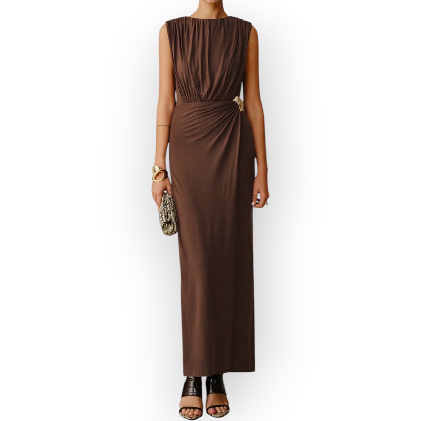 Commense Brown Ruched Maxi Dress Metal Buckle Sleeveless XL Modern Chic Elegant