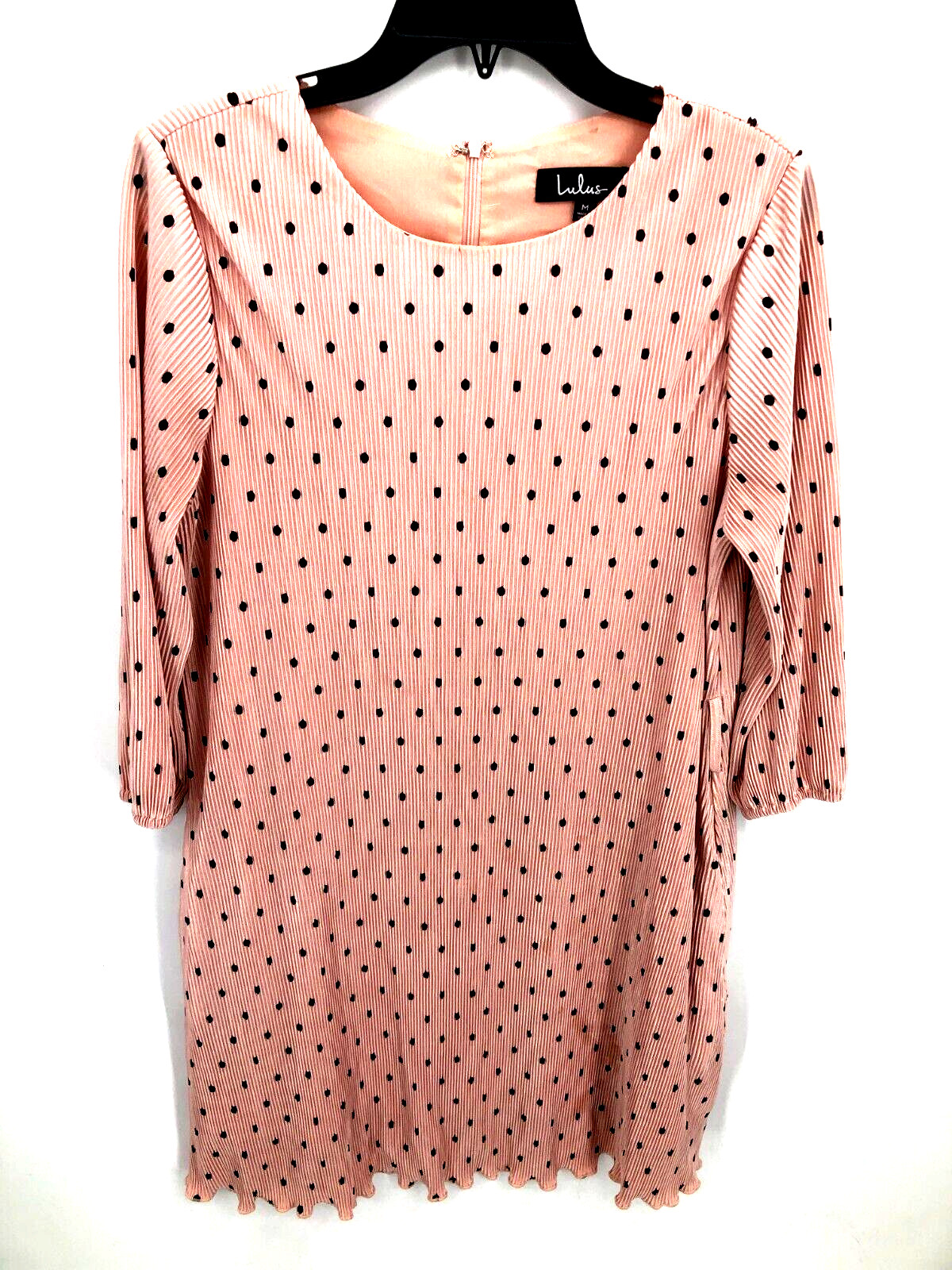 Lulus Dress Womens Medium Pink Black Polka Dot Pleated Stretch Scoop Neck Shift