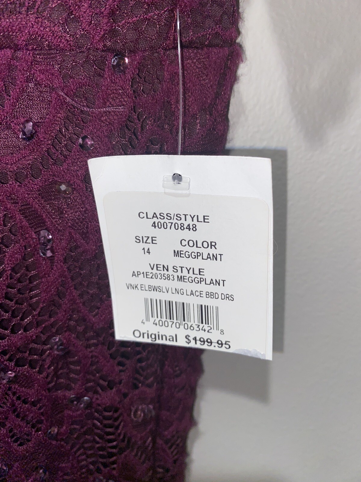 NWT Adrianna Papell Floor Length Lace Dress w/ Draped Skirt, Eggplant, sz 14