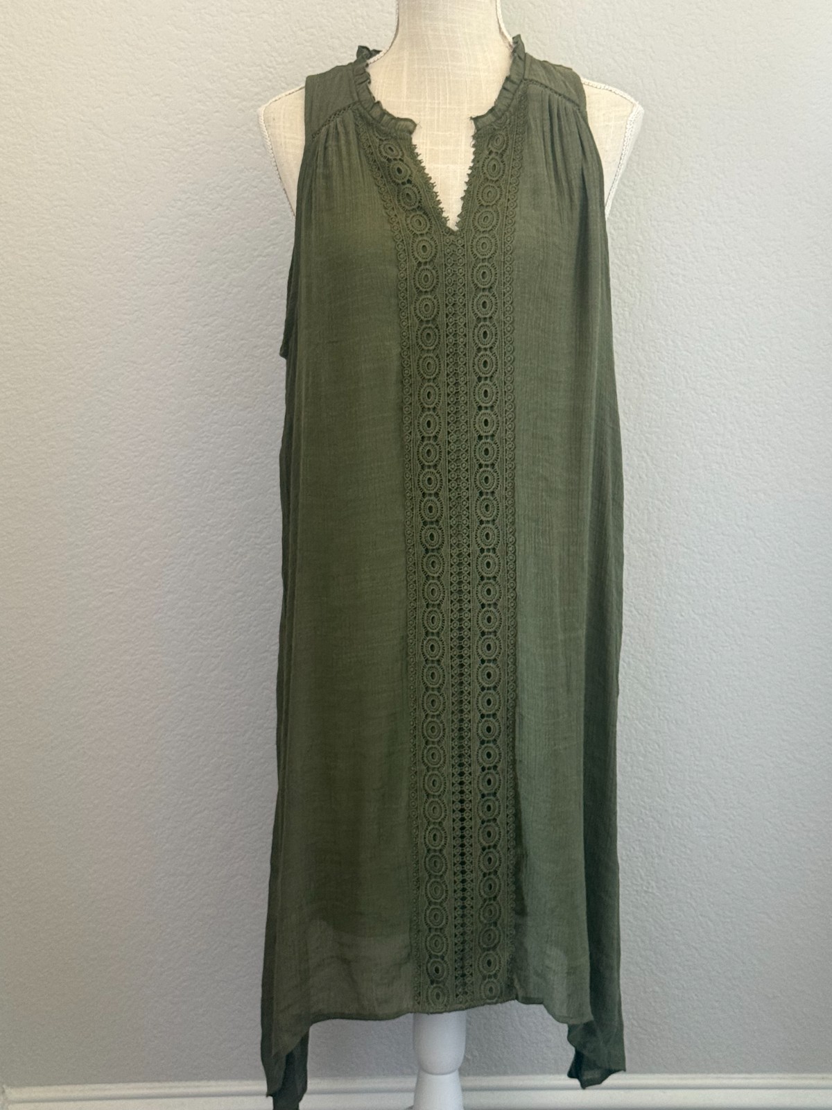 Indigo Rose Olive Green Shift Dress XL Sleeveless Lace Trim Boho Lined Maxi NWOT