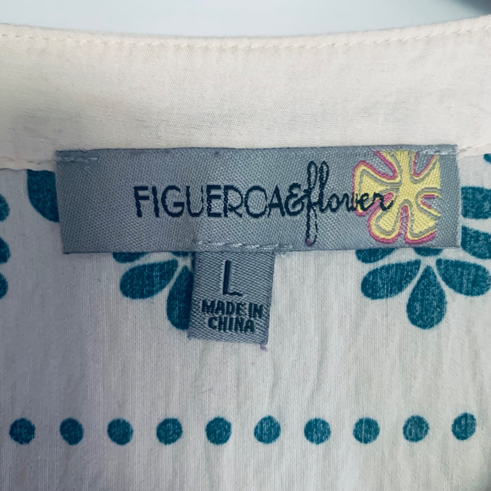Figueroa & Flowers Dress Size Large Tiered 3/4 Sleeves Boho Teal Blue and Ivory