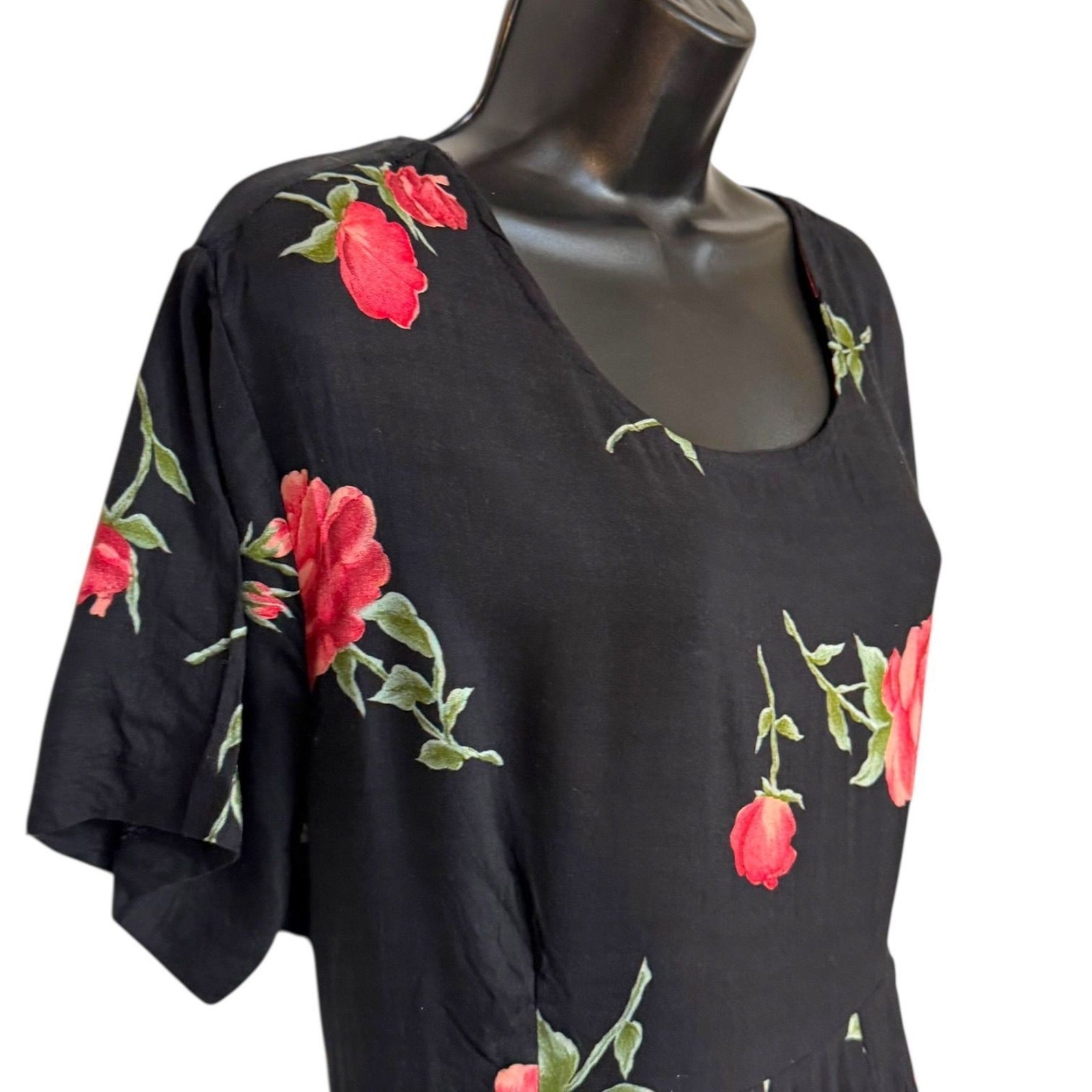 VTG 1990s BLACK & RED ROSE DARK FLORAL WHIMSIGOTH GRUNGE BABYDOLL MAXI DRESS L