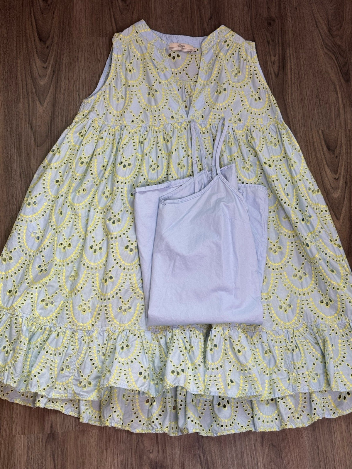 Anthropologie Devotion Twins Amorgos Dress S Blue Lime Embroidered Cotton Luxury