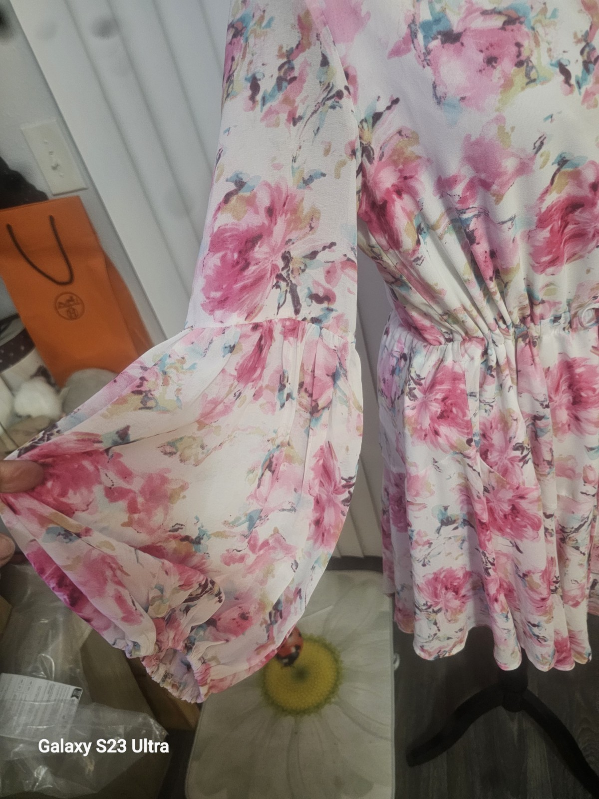 AlvaQ Pink White Floral Collared Button Front Drawstring Mini Dress L