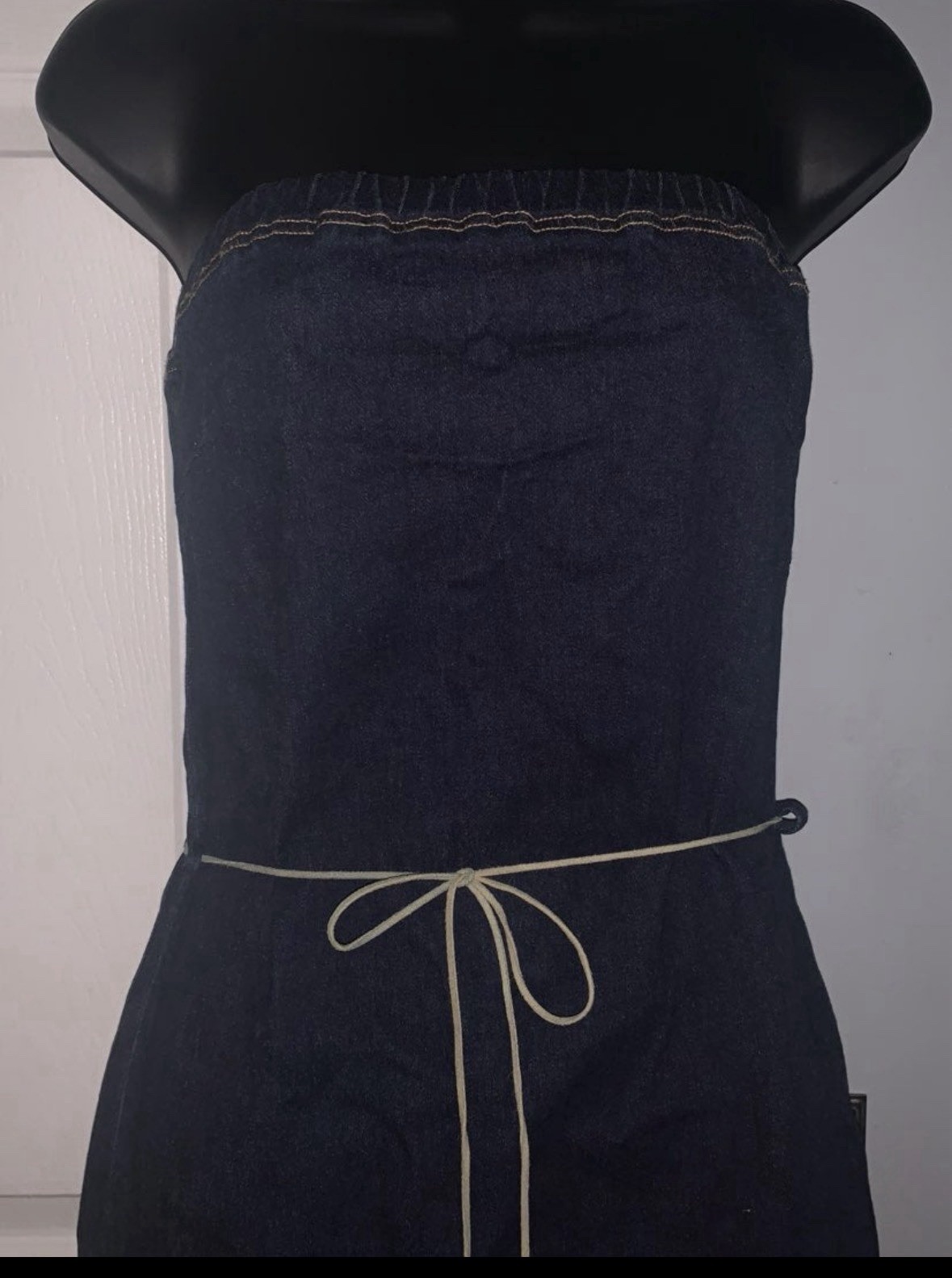 Vintage 90s Denim Western Strapless Fringe Hi Low Jean Dress Size S