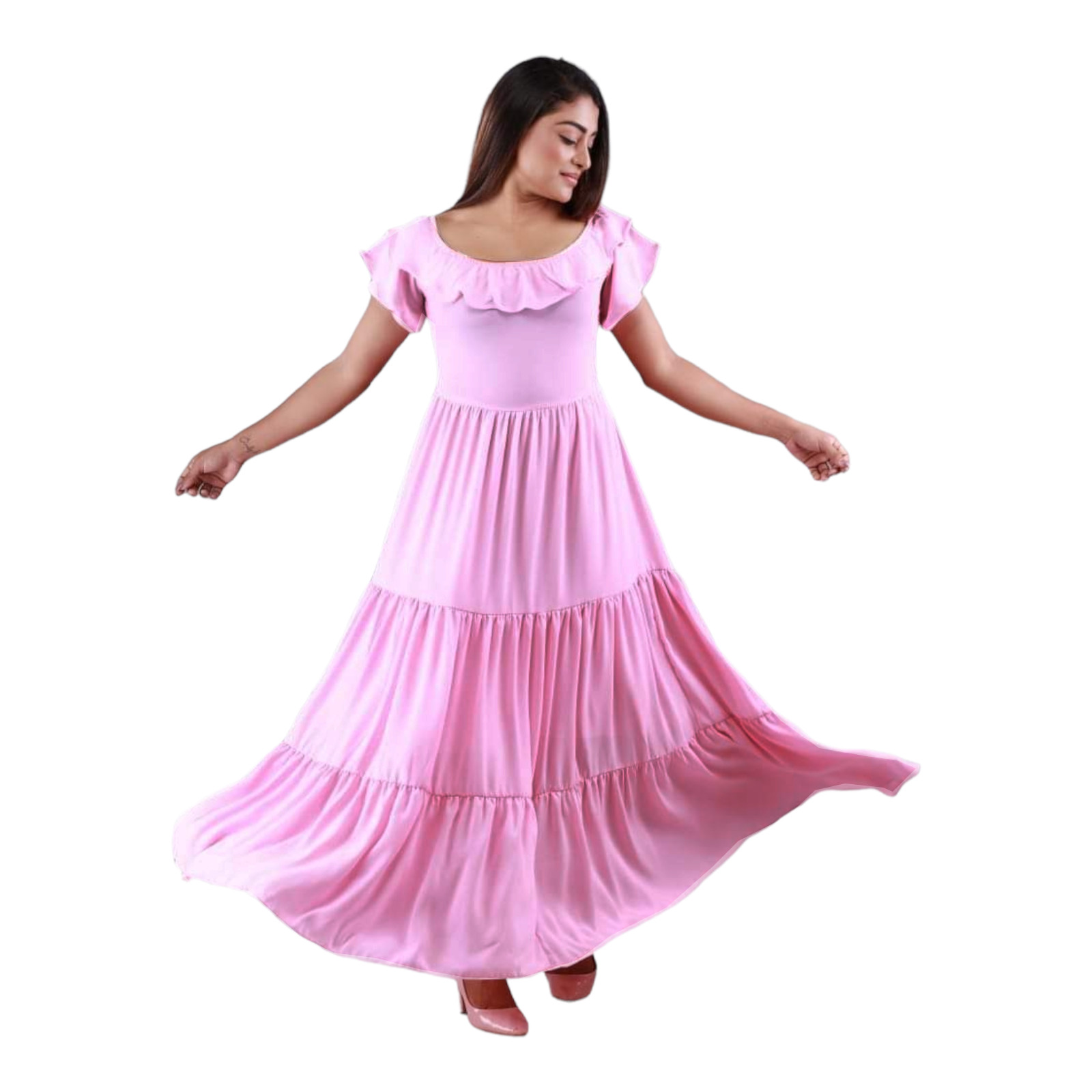 Women’s Fashion Pink/Blue 2XL- 5XL Chiffon Boat Neck Short Sleeve Swing Dress
