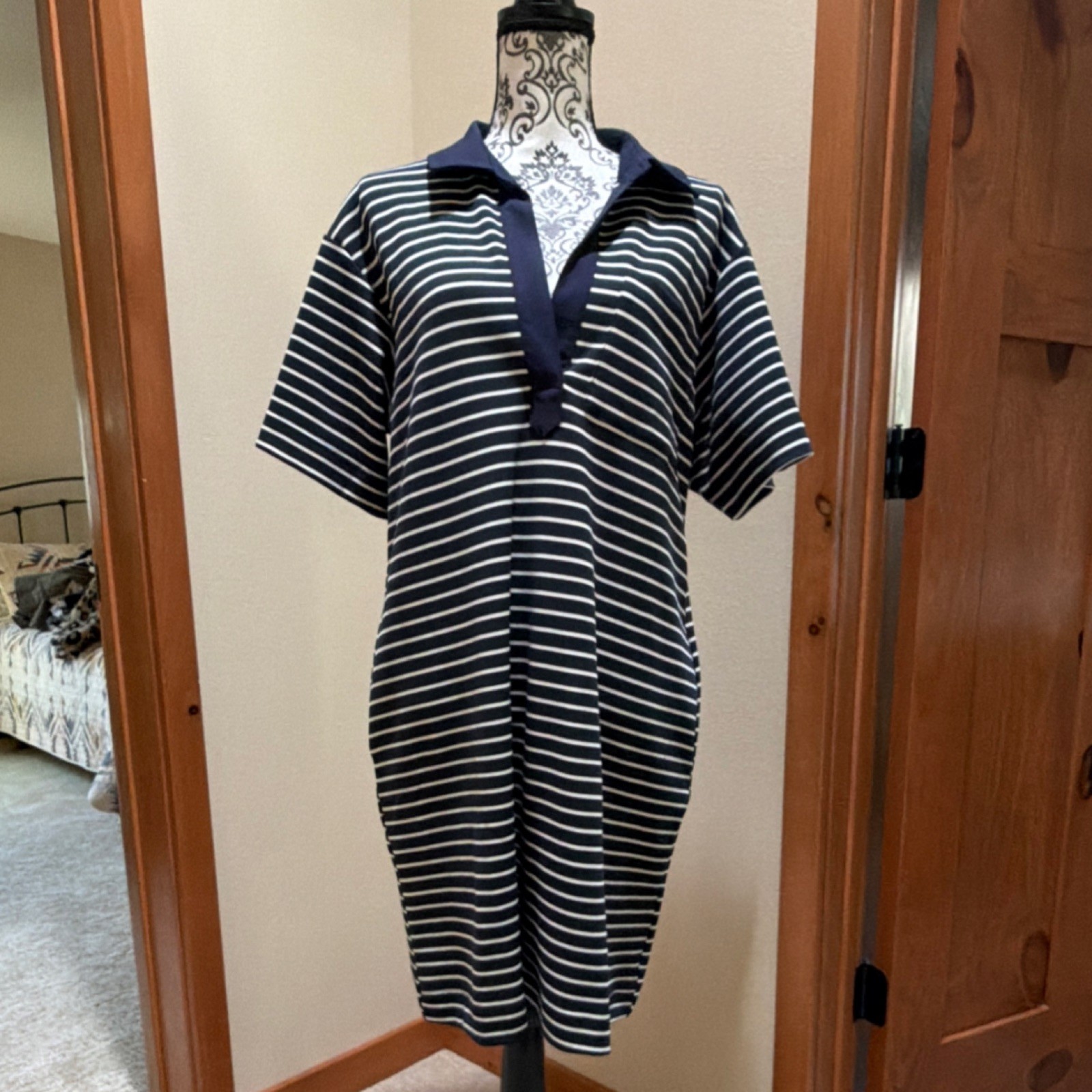 KUT from the Kloth Navy Ivory Striped Shirt Dress XL Collared Pocket