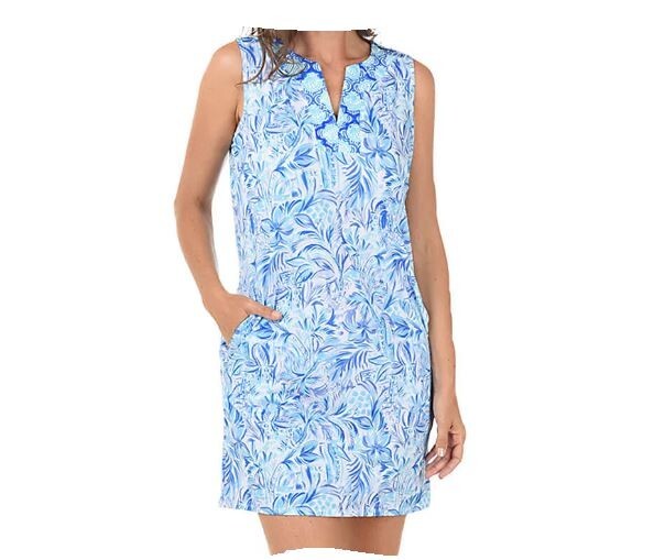 NWT Stella Parker Dress L Palms Blue Tropical Floral Sleeveless Pullover Pockets