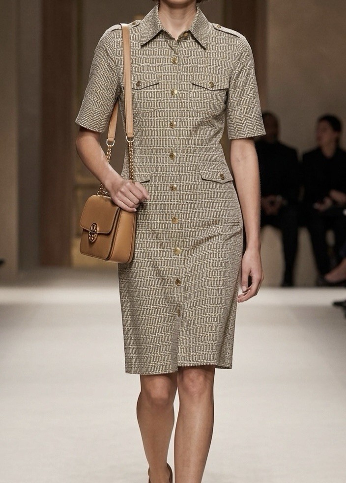 Tory Burch Geometric Shirt Dress Size 6 Brown Beige Short Sleeve Button Logo