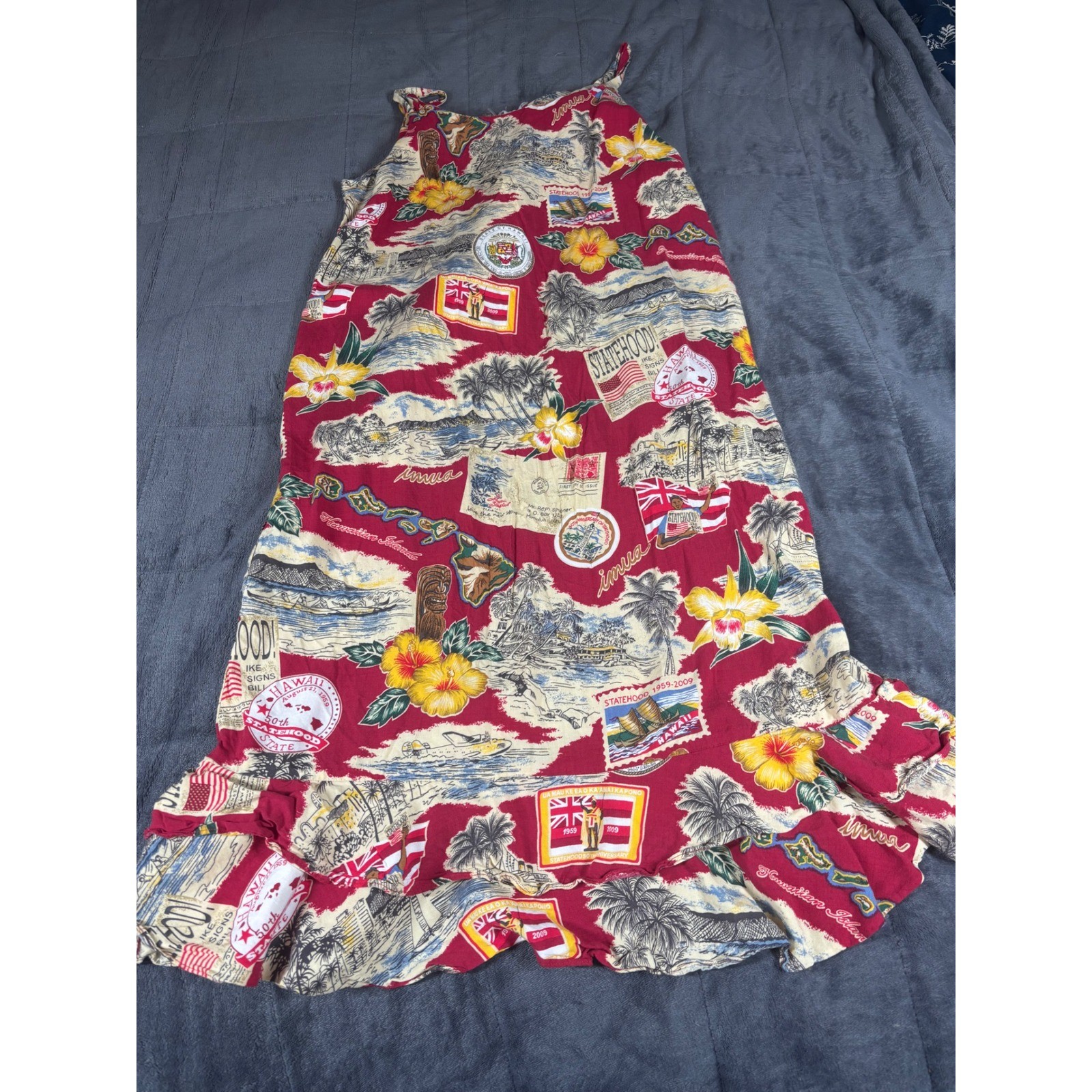Reyn Spooner Womens XL Red Hawaiian Statehood Rayon Ruffle Maxi Dress UAS Made