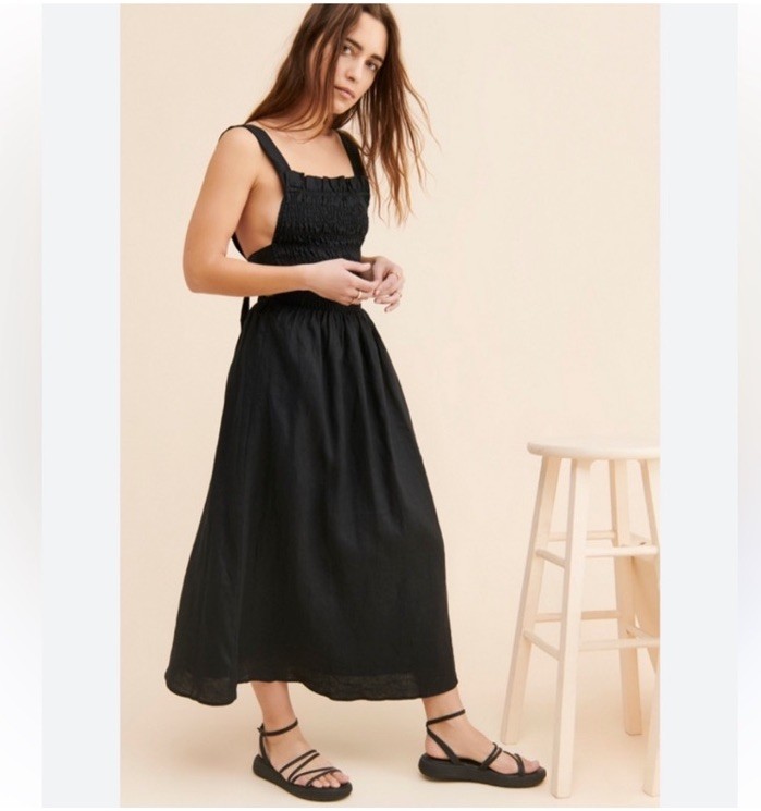 SANCIA Mirela Linen Dress Women’s Small Black Strappy Back Smocked Apron Midi