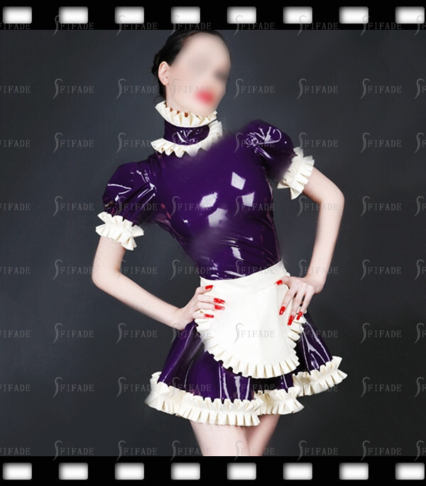 Latex Maid Dresses with Apon White Ruffles Back Zipper Customized 0.4mm D7